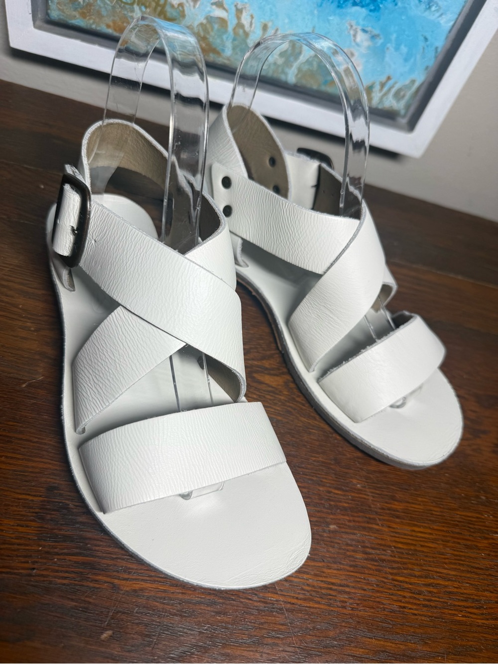 NEW Fly London Bian White Leather Crisscross Buckle Sandals Size EU 37 US 6.5-7